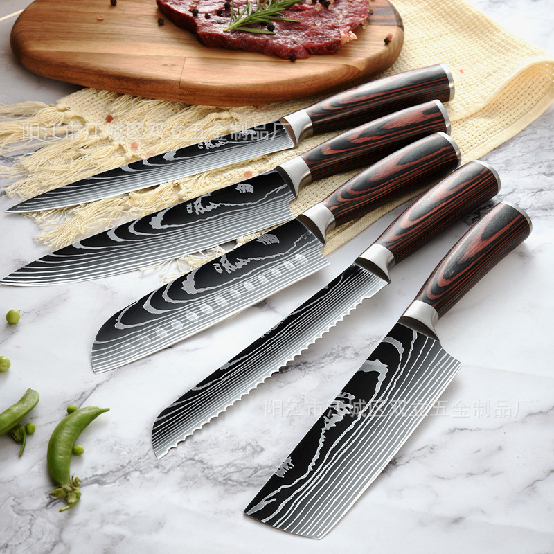 Patrón láser cuchillo de cocina conjunto de 6 piezas yangjiang cuchillo de cocina cuchillo de carne combinación traje cuchillo de regalo conjunto al por mayor