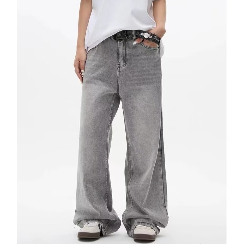 American-Style Haze Gray Jeans for Men and Women, Vintage Washed, Loose Fit, Versatile Wide-Leg Straight Casual Pants