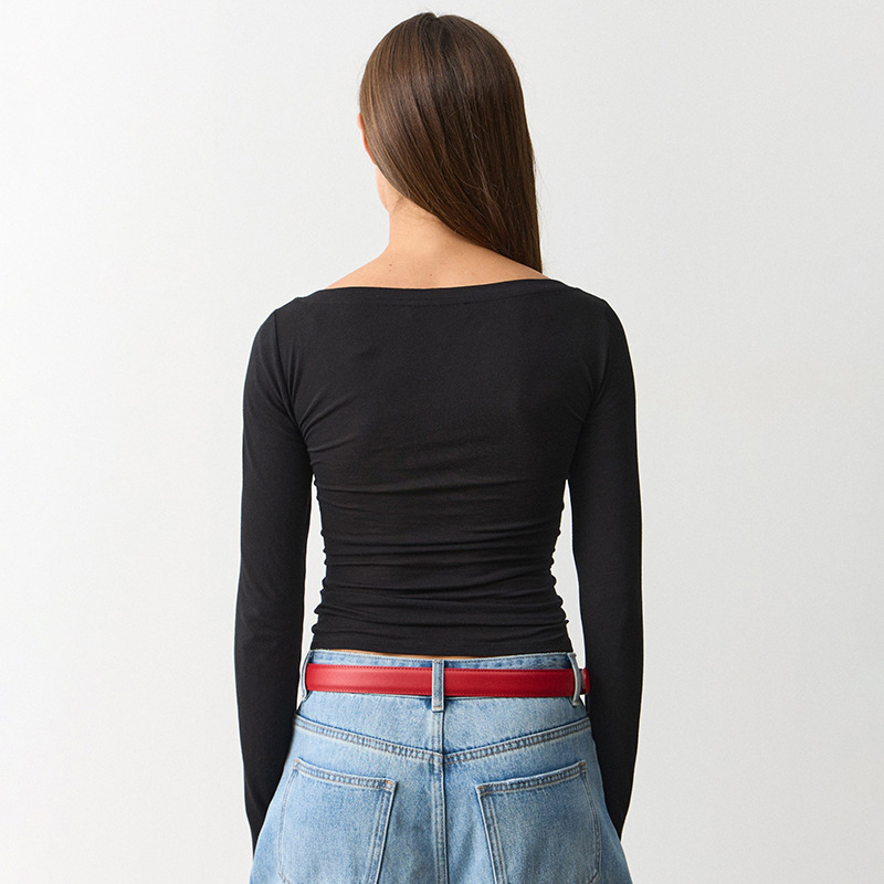2026 otoño nuevo color sólido de manga larga de cuello en V de encaje camiseta de encaje sexy ropa delgada de mujeres
