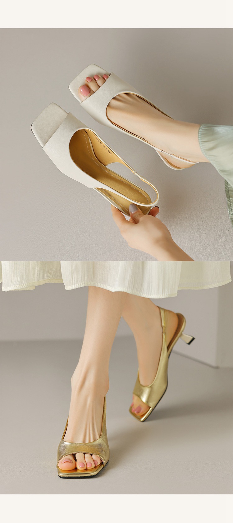 Sandal cao gót nữ mũi vuông hở mũi, gót thô 5.5 cm, phong cách Hàn Quốc, miệng nông — Da lộn cừu màu đen chi tiết 11
