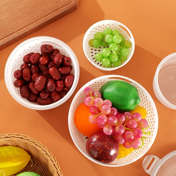 Refrigerator round double-layer draining basket, fruit preservation box, storage container for food, portable with lid, and filter for storing fruits and vegetables