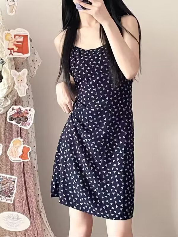 BM-style American-style waist lace-up navy blue rose floral strap dress bm slim-fit short strap dress for summer Women BM-style American-style waist lace-up navy blue rose floral strap dress bm slim-fit short strap dress for summer Women