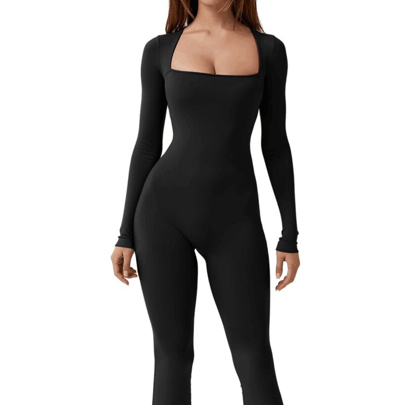 Cross-border European and American Amazon foreign trade women's long-sleeved belly contracting waist lifting hip square collar wide-leg high elastic jumpsuit