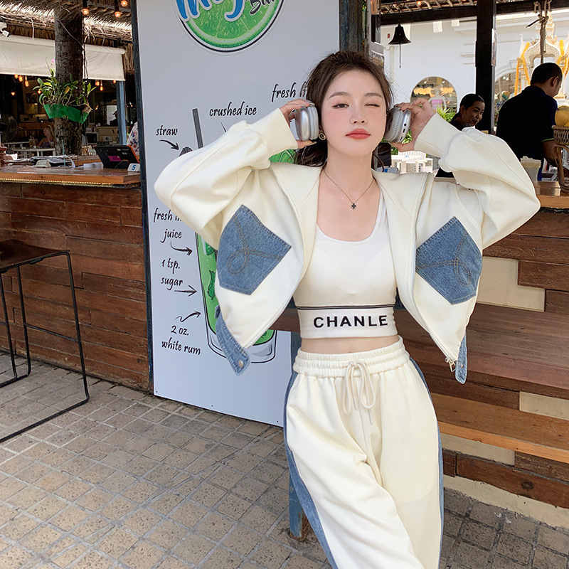 캐주얼 스포츠 세트 여성의 가을 새로운 디자인 센스 패션 콘트라스트 컬러 카디건 후드 스웨터 와이드 레그 바지 투피스 세트