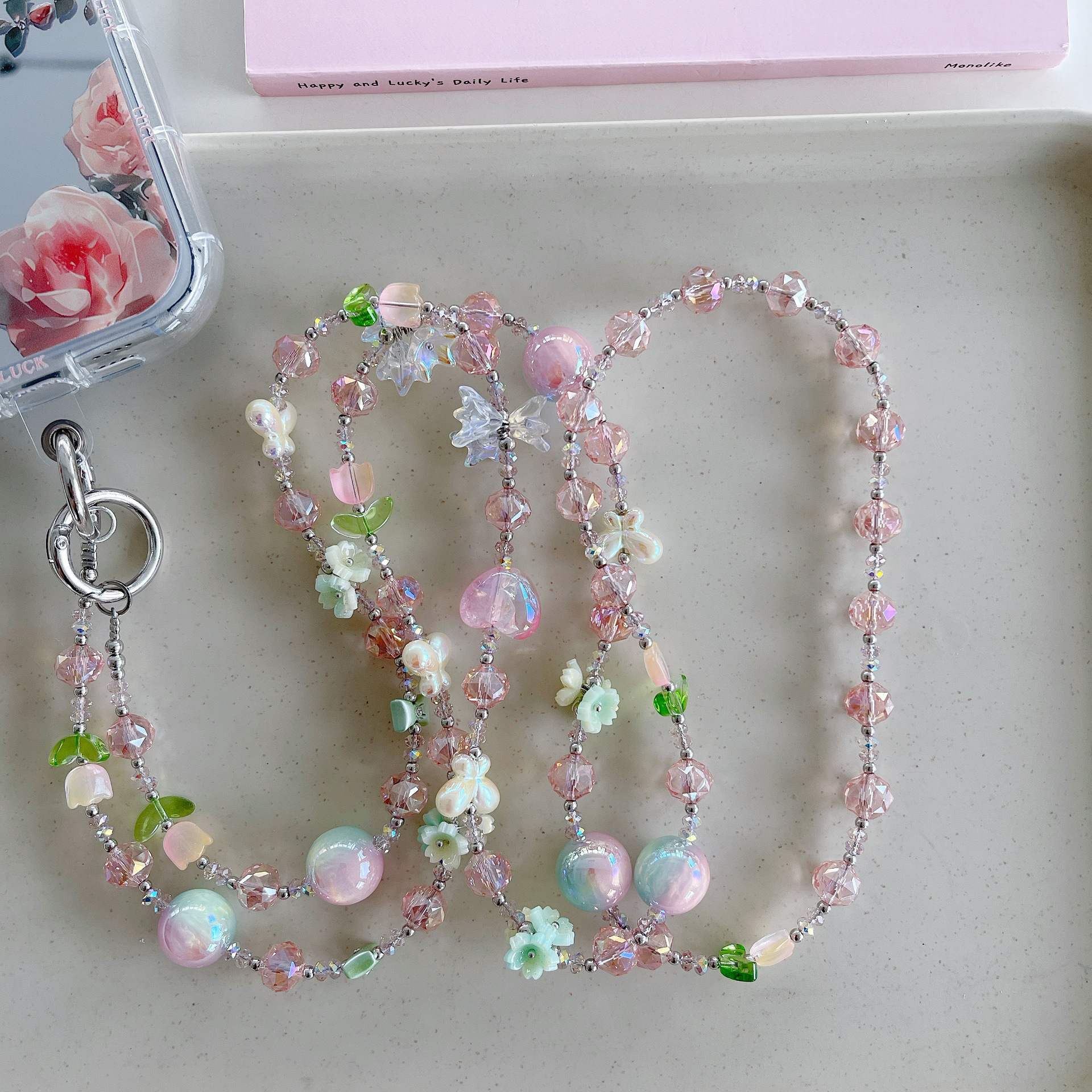 Cadena de teléfono móvil de alta gama hecha a mano boutique, cadena larga de cristal colorido femenino, cordón de teléfono móvil de moda, colgante de mensajero largo