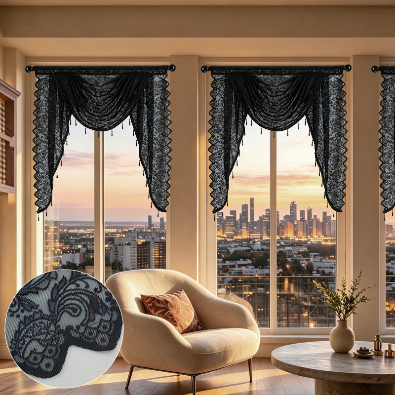 Cross-border foreign trade American retro black lace curtain with wave top, rod-pierced finished small curtain top wholesale Cross-border foreign trade American retro black lace curtain with wave top, rod-pierced finished small curtain top wholesale