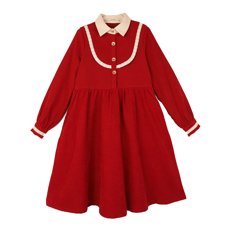 Estilo coreano niños medianos y grandes 2024 niñas estilo preppy Vestido de manga larga Otoño e Invierno niñas camisa roja cuello contraste vestido de color