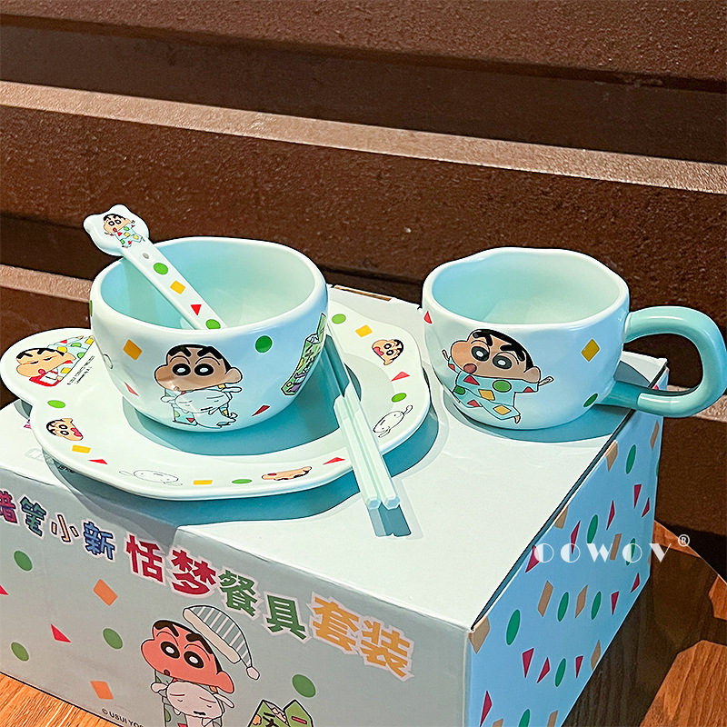クレヨンしんちゃん共同ブランド食器ギフトボックス新しい高価値子供用陶器ボウル、プレート、スプーン、箸、家庭用誕生日プレゼント|undefined