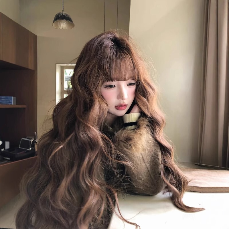 Kony Wig Autumn and Winter Brown Big Wave Wig for Women Full Head Cover Super Long Curly Hair Big Wave Lolita Daily Wear