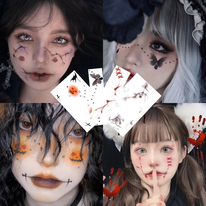 ハロウィーンのキラキラカボチャのタトゥーは小さな悪魔の目尻のメイク顔のシールの小さな魔女の顔のタトゥーを貼っています|undefined