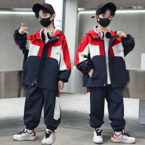 Boys' Spring and Autumn Set, Stylish Sporty School Uniform for Children with Hood, Trendy and Fashionable for Middle and Older Boys