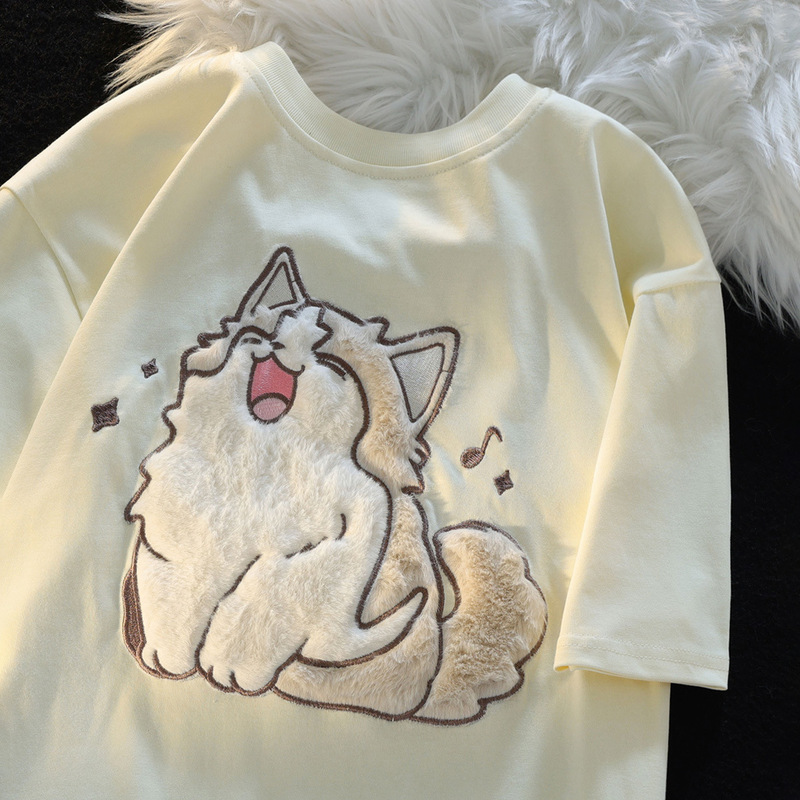 Japanese Style Cute Cat Flocking Milk Short-sleeved T-shirt for Men and Women Summer College Style Loose All-match T-shirt