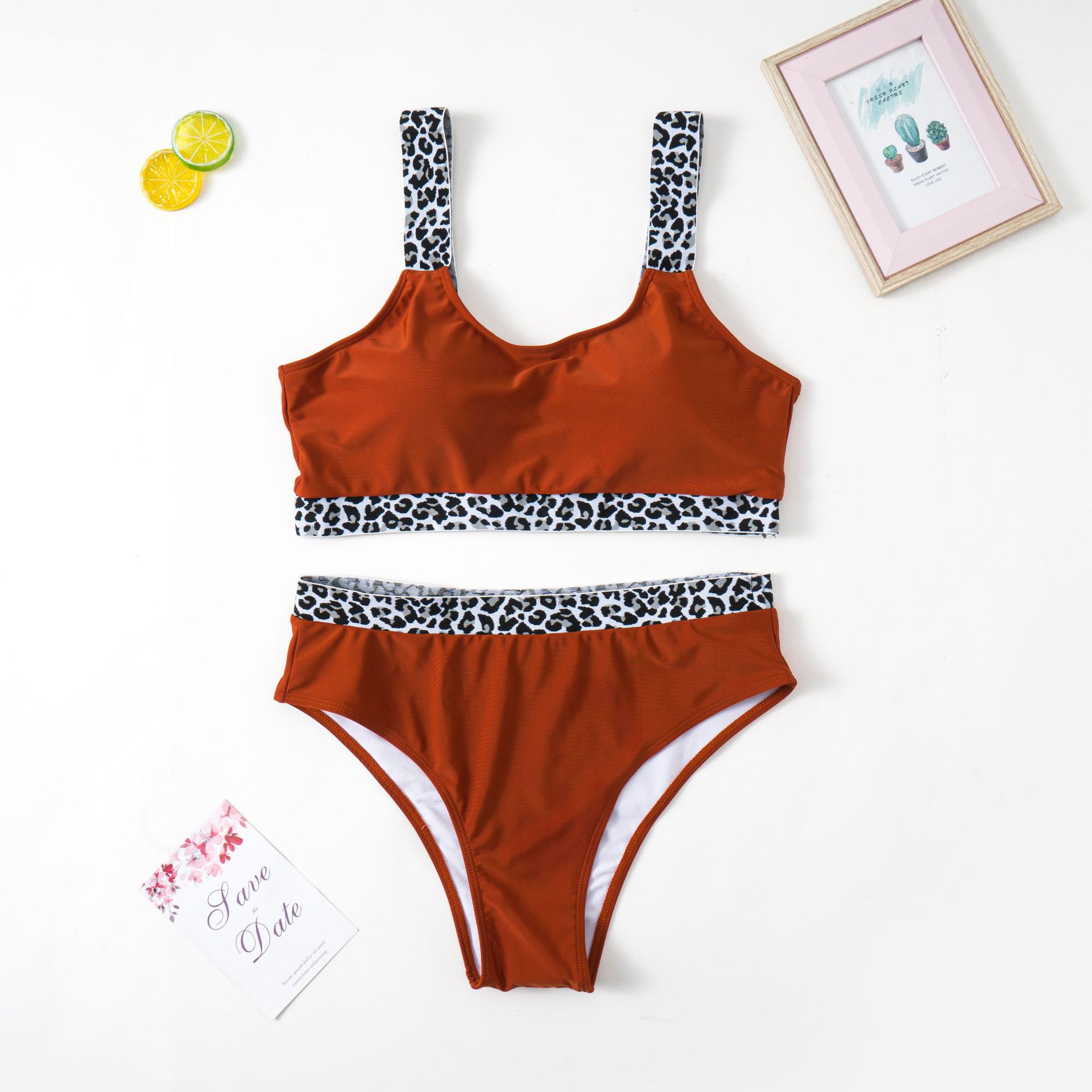 New European American Style Plus-Size Tank Top Bikini With Solid Color And Leopard Print, High-Waisted, Popular On_ecoleips.com