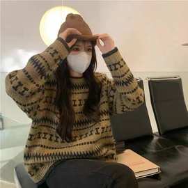 慵懒风撞色圆领长袖毛衣女2025春秋冬新款宽松显瘦外穿针织衫上衣