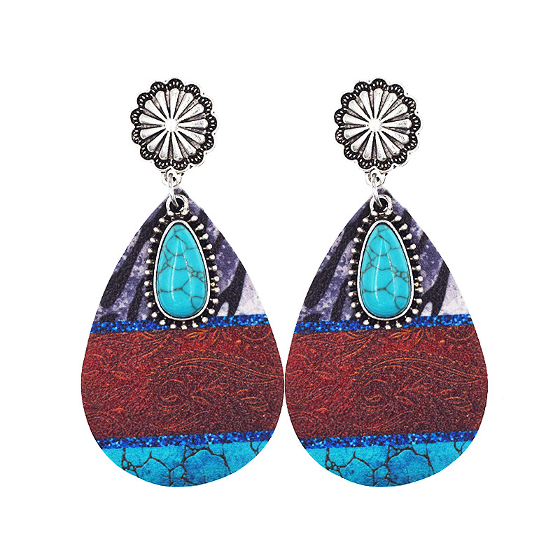 1 Pair Fashion Color Block Water Droplets Pu Leather Alloy Patchwork Turquoise Women's Chandelier Earrings display picture 2