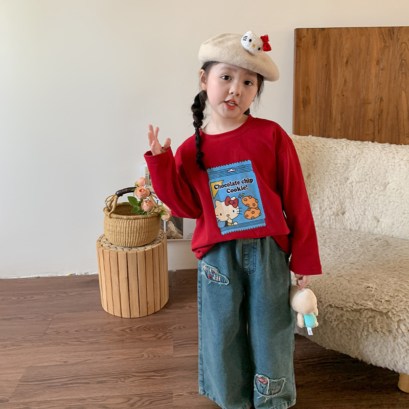 특별 통관 여자 바지 2024 가을 새 어린이 한국 캐주얼 스트레이트 청바지 여자 바지