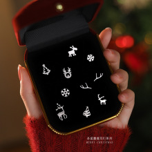 S925纯银圣诞雪花鹿耳钉女时尚小众高级感不对称耳饰圣诞系列礼物