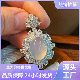 批发镀银镶嵌天然高冰种白玉髓鸽子蛋玉石项链吊坠耳环戒指三件套