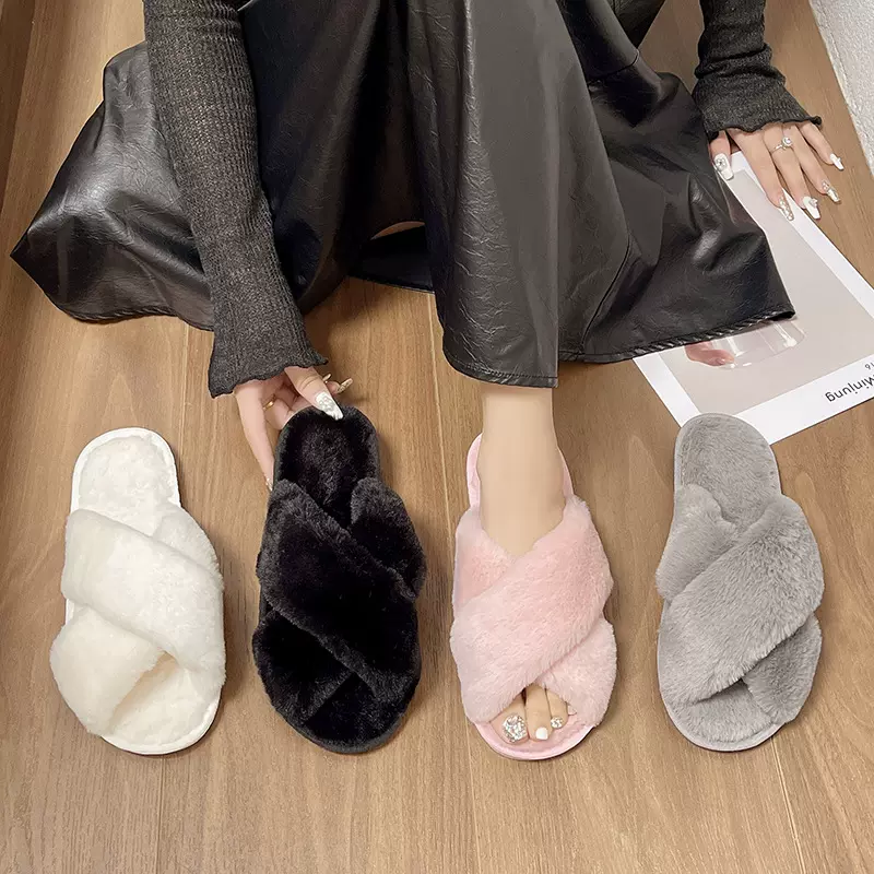 可开13%专票厂家直销跨境电商外贸单家居交叉毛毛拖鞋小兔毛大码