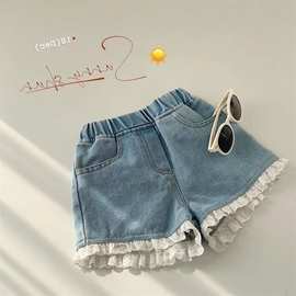 2024夏季新款韩版儿童可爱甜美舒适软牛仔短裤蕾丝花边短裤6881