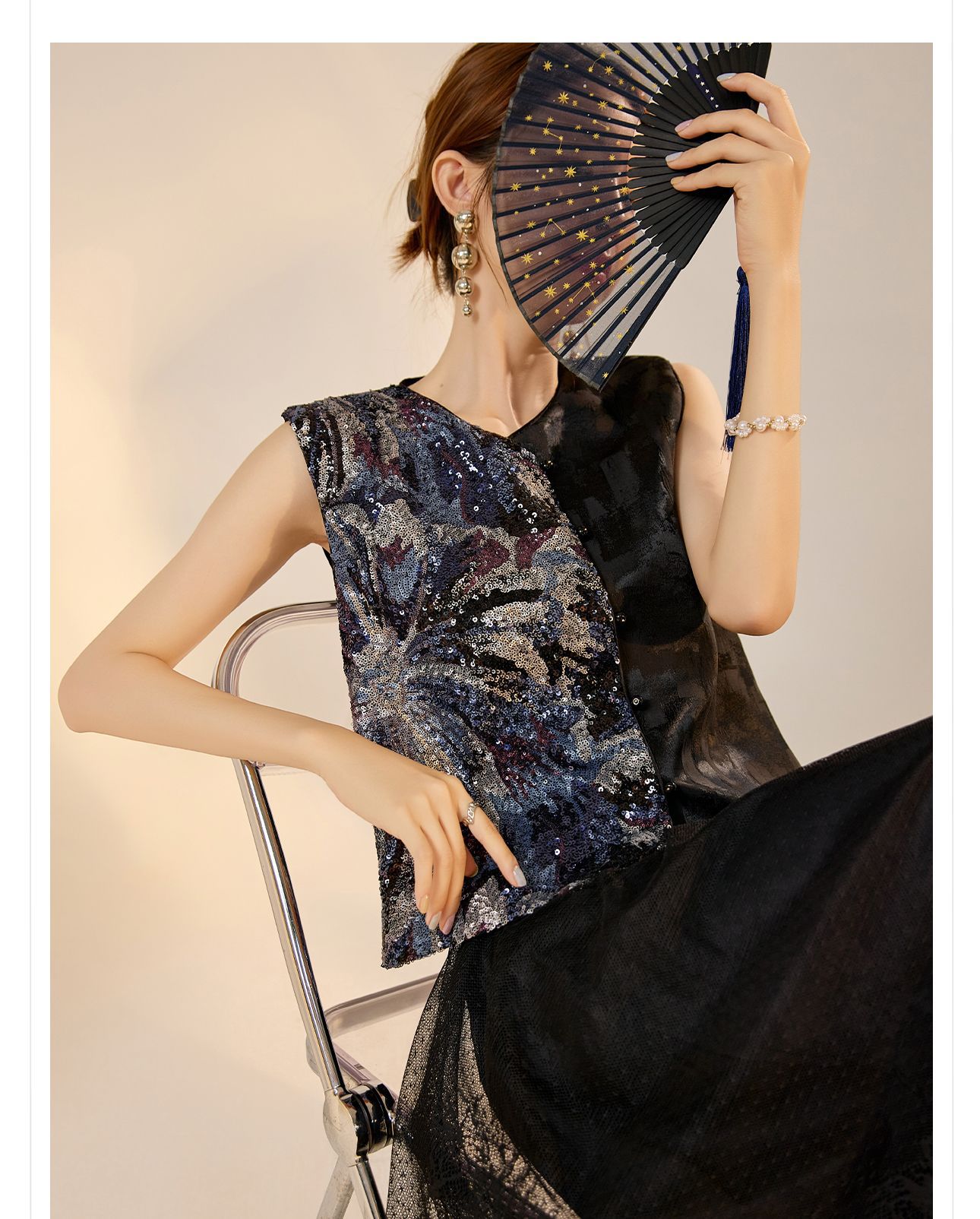 Áo vest nữ phong cách Trung Hoa mới 2026, thiết kế thêu sequin, chất rayon sang trọng — Đen, Màu huyền ảo, Xanh lam chi tiết 30