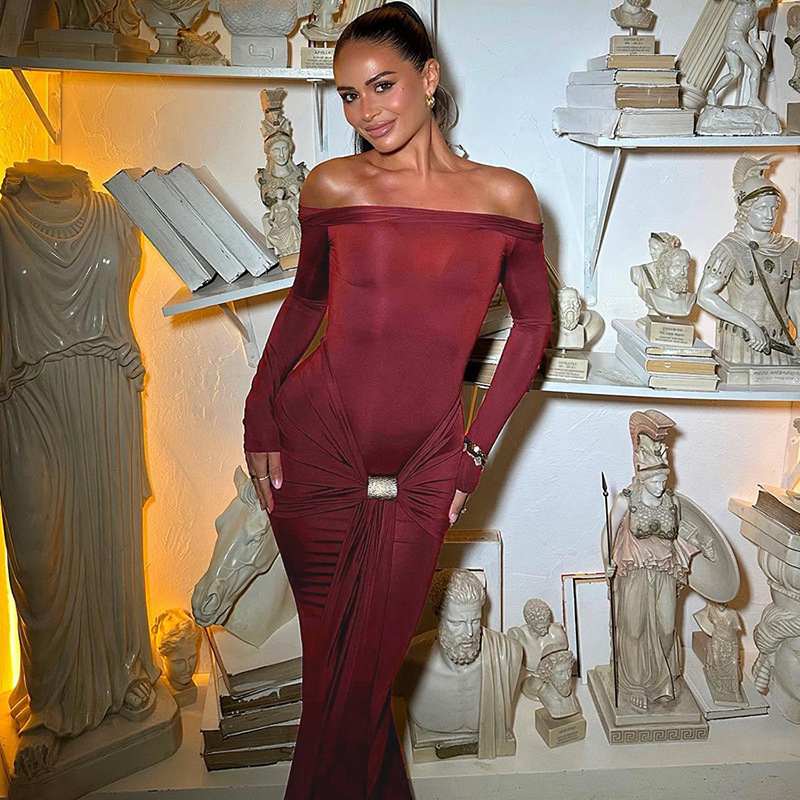 European And American Style Women's Fashion 2024 Autumn Winter New Fashionable Elegant Off-Shoulder Solid Color Long_ecoleips.com