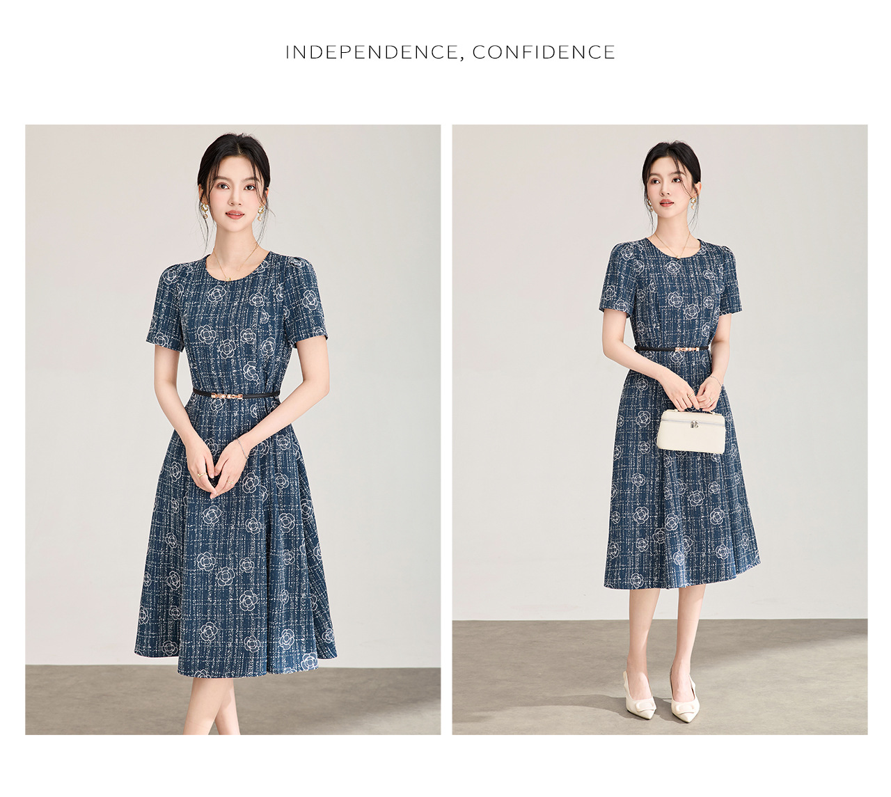 Đầm maxi nữ thắt eo họa tiết hoa sơn trà nổi — xanh lam chi tiết 13