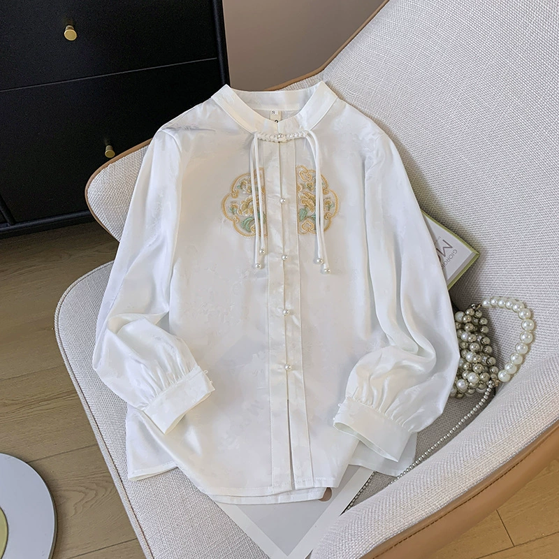 Реальная съемка нового китайского стиля улучшенного жаккарда тяжелая вышивка маленький круглый воротник и воротник с длинными рукавами топ женский кардиган