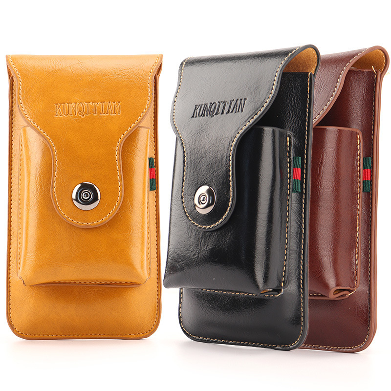 Men's Leather Mobile Phone Bag, Belt-Worn Waist Bag, Multifunctional Belt-Hanging Bag, Outdoor Vertical Mobile Phone Case, Wholesale Storage