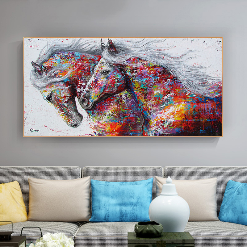 Modern poster print graffiti two running horses wall art canvas painting animal picture living room home 3