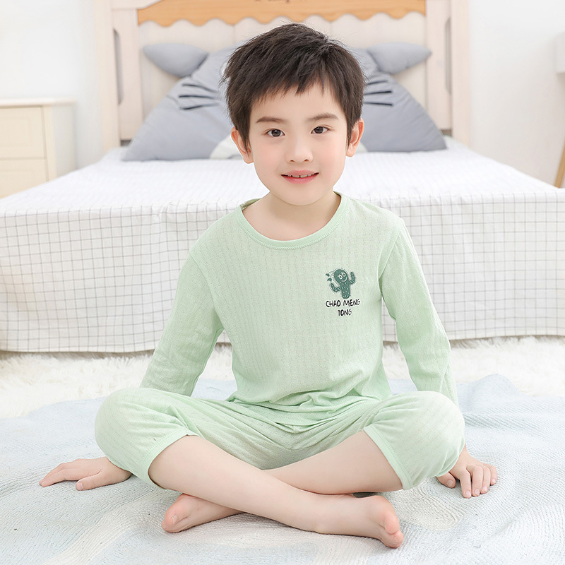 (2개) 어린이 홈 의류 9 소매 에어컨 의류 캐주얼 세트 소년 코튼 걸스 땀 흡수성 느슨한 통기성 중소 어린이