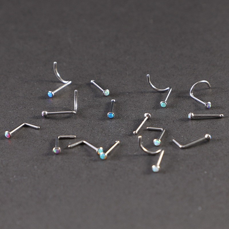 F136 Pure Titanium Alloy Hook Opal Side Nose Body Piercing Jewelry Ear Stud 20G 0.8mm Thin Rod_voghion.com