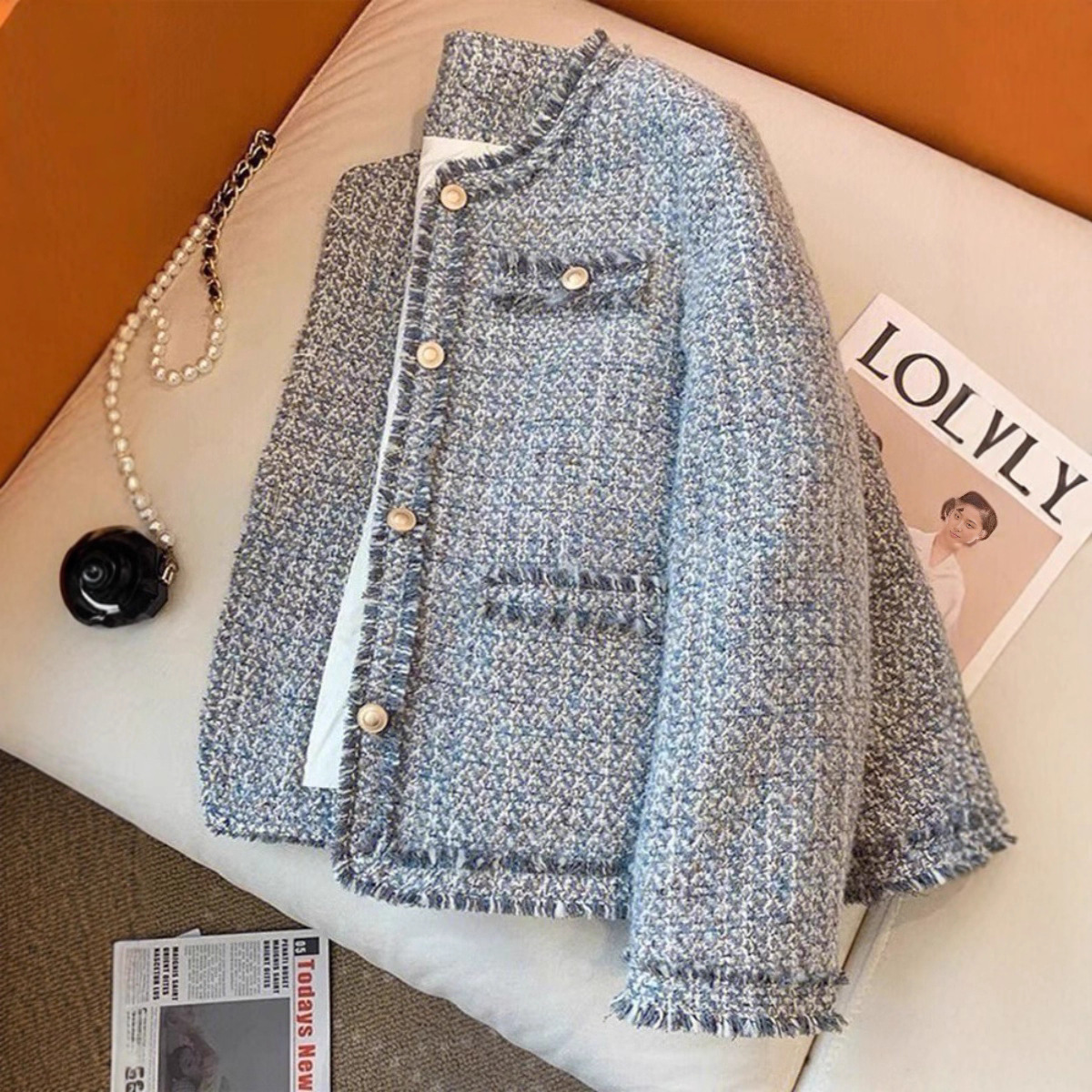 This Year's Trendy Beautiful Blue Tweed Jacket in the Style of Korean Dramas, New Autumn and Winter Collection, Elegant Socialite Top
