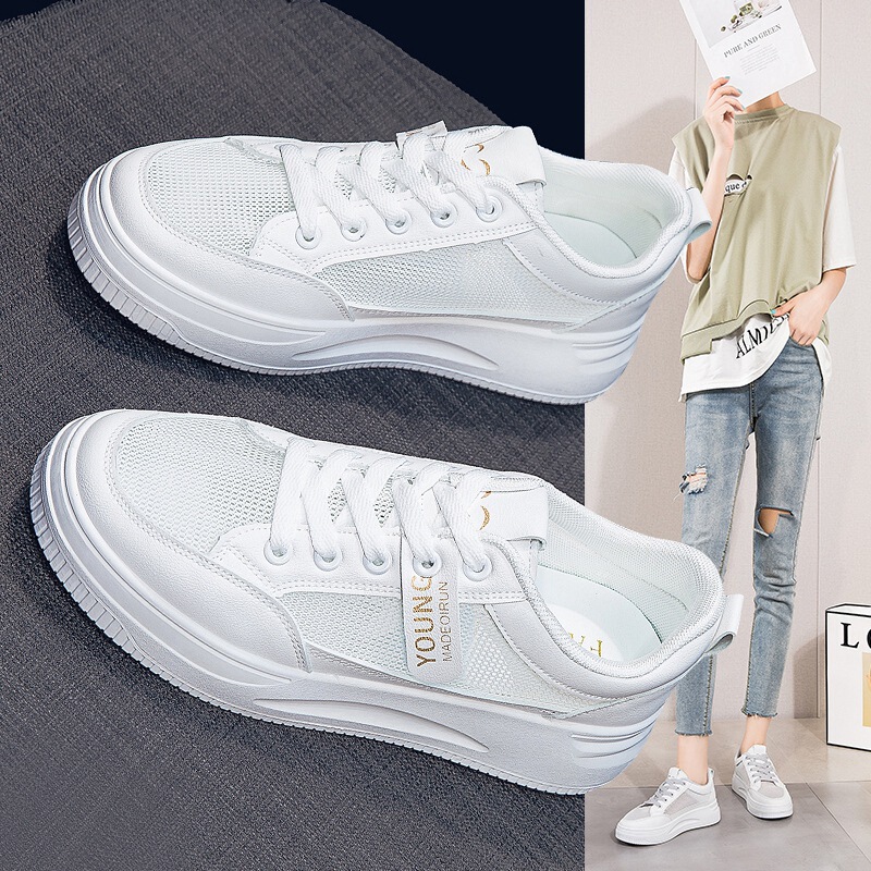 2026 Summer New Versatile Mesh Breathable White Sneakers for Women, Thick-Soled Casual Sports Lace-Up Mesh Shoes