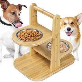 简约宠物喂食器复古木质双层狗狗碗实木猫碗架狗碗支架