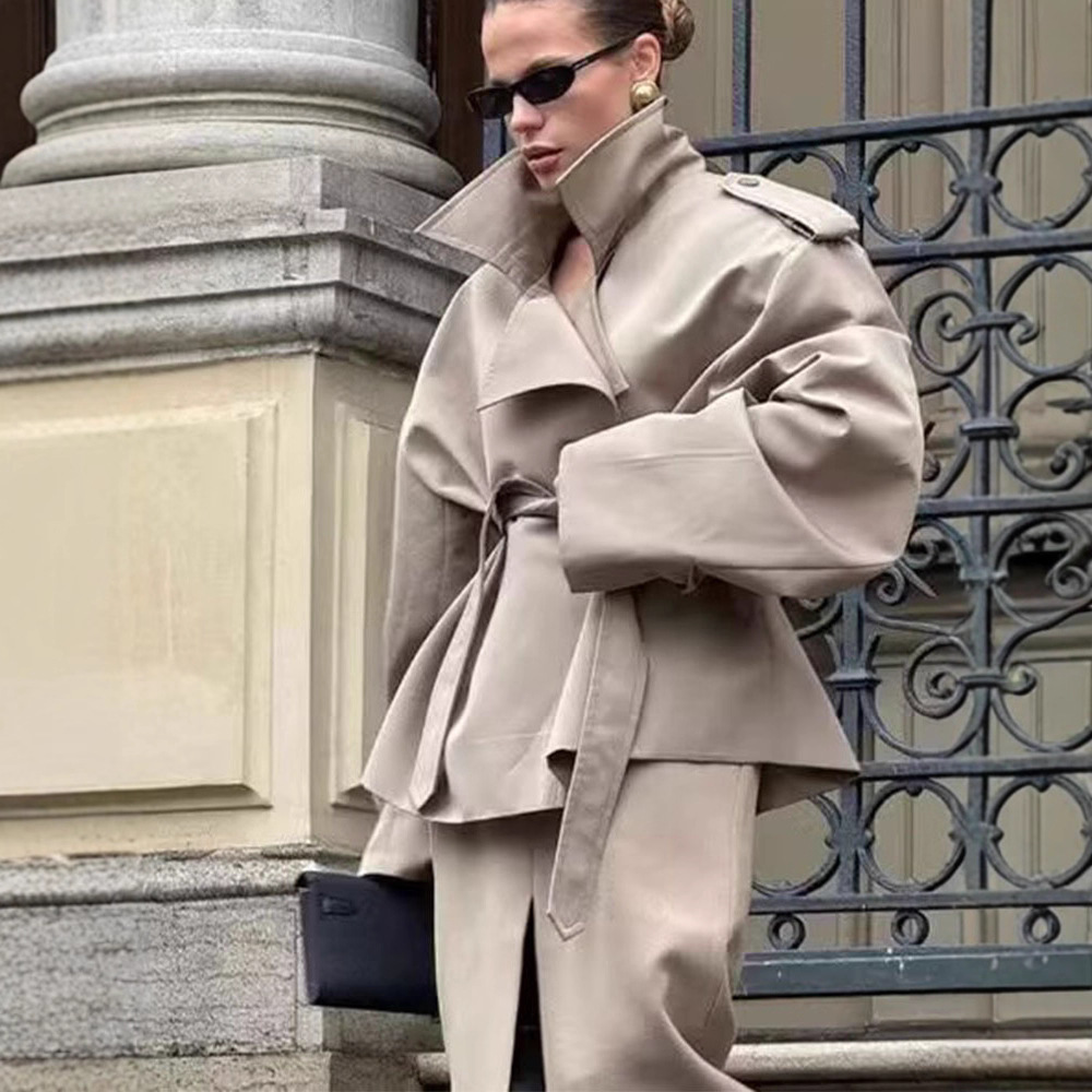 Autumn New Women's Versatile Fashion Belted Lapel Double-Breasted Casual Pocket Long-Sleeve Off-Shoulder Short Trench Coat