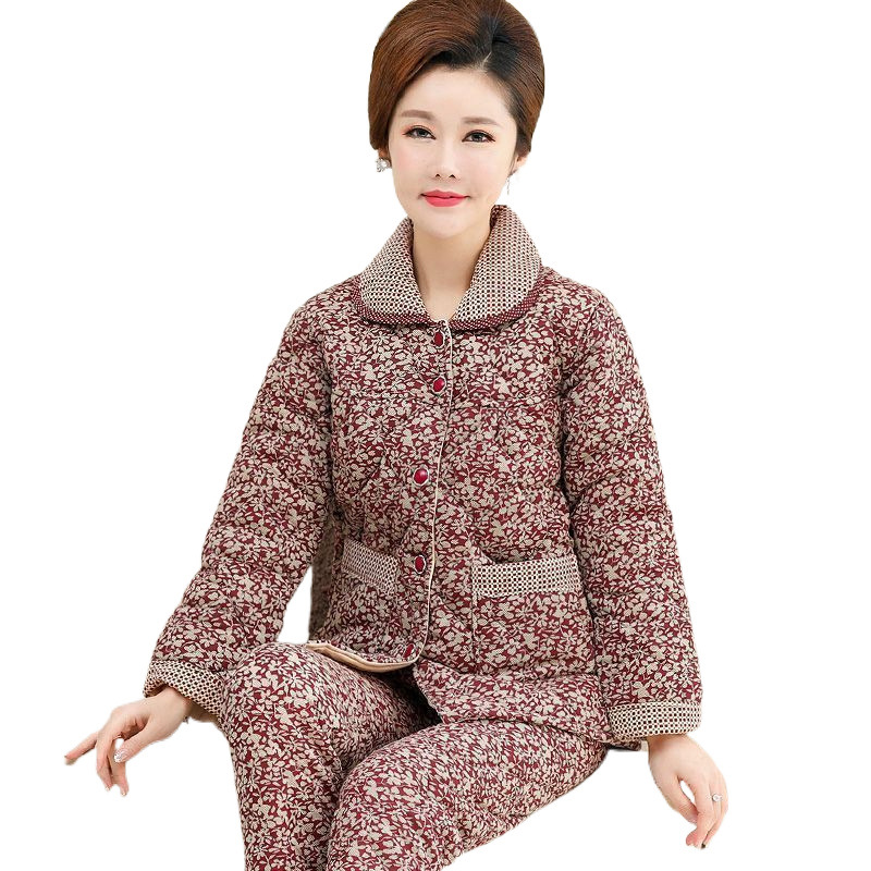 가을과 겨울 중년 어머니 면화 3 층 잠옷 여성의 두꺼운 따뜻한 면화 홈 세트
