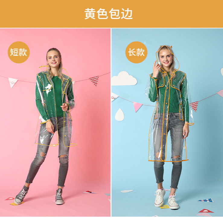 Customized Eva Hemmed Raincoat for Adults and Ladies Long Transparent Raincoat Outdoor Fashion Hooded Rainproof Jacket with Snap Buttons