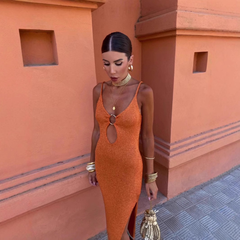 Cross-Border Amazon European and American Style 2025 New Fashion Sexy Back Open Metal Buckle Knitted Suspender Dress