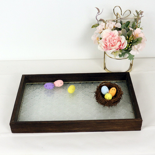 Solid wood rectangular small tea tray, water cup storage, fruit tray, dessert tray, retro-style begonia flower glass tray