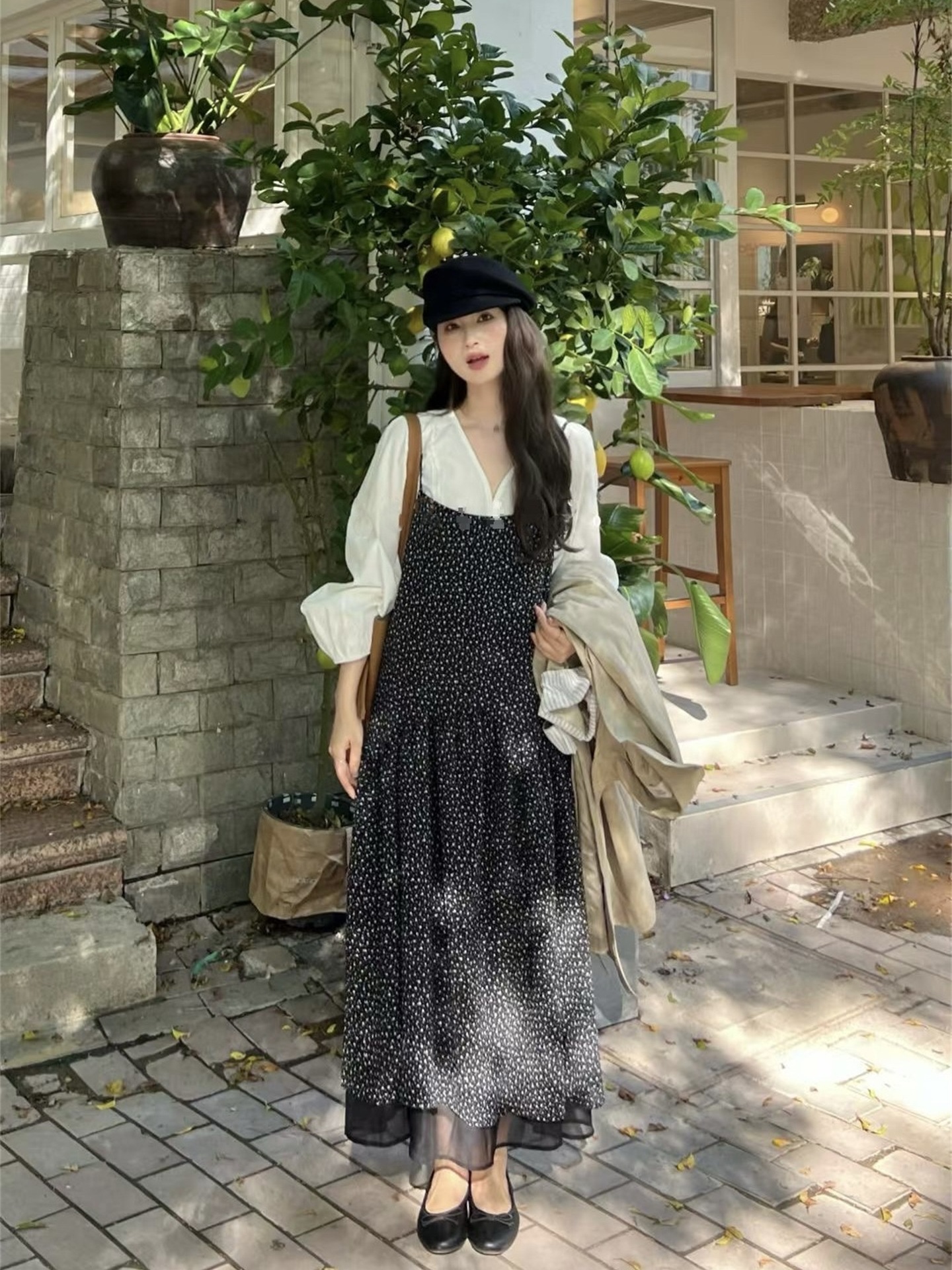 2025新款时尚套装宽松气质长袖衬衫女秋季波点吊带连衣长裙两件套