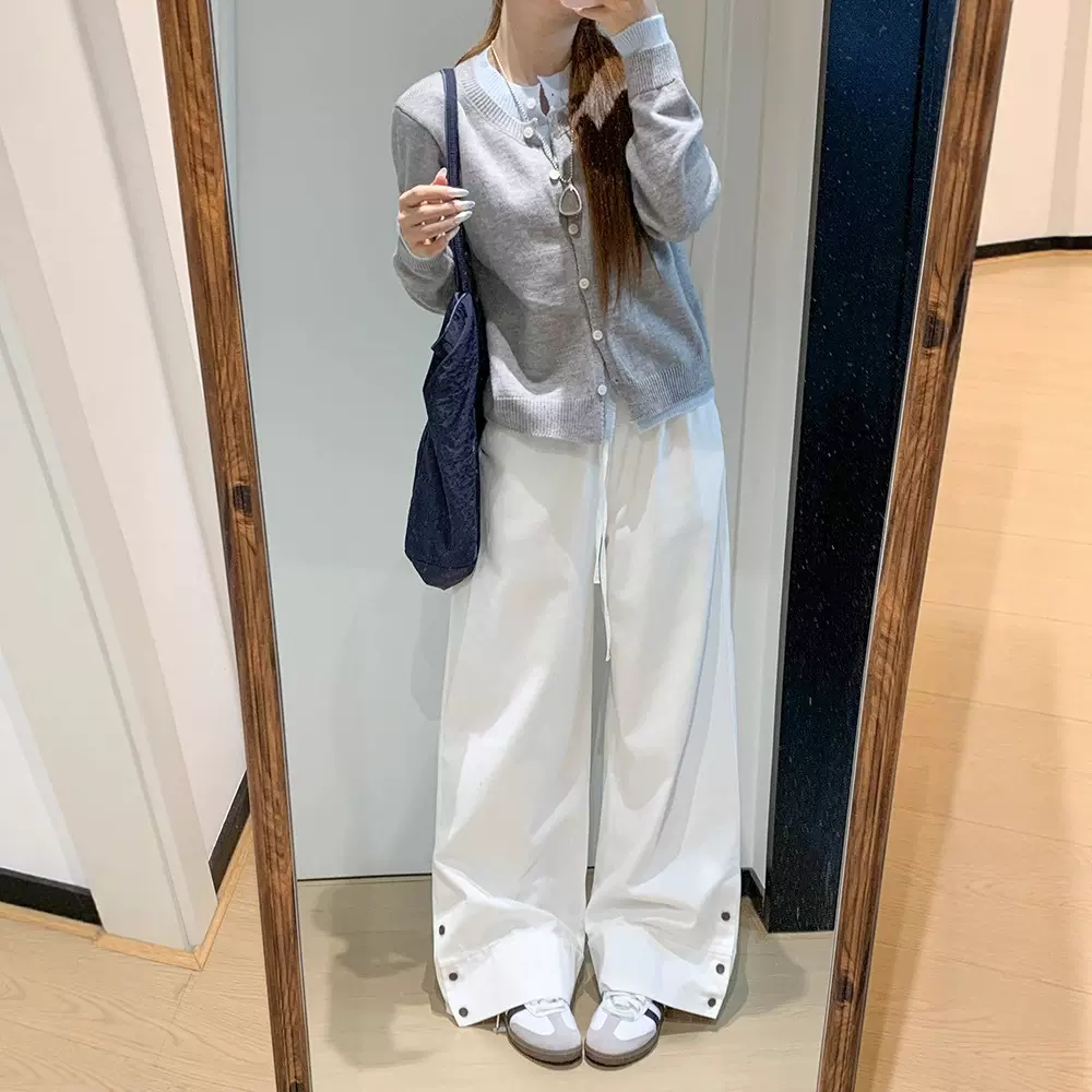 美式复古慵懒风阔腿裤女2026年新款高腰休闲长裤开叉双排扣直筒裤