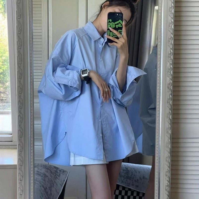 JYCCCCCC白色长袖衬衫女宽松纯色慵懒风早秋上衣女装日韩慵懒衬衫|undefined