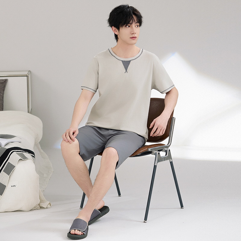 Pijamas de hombre verano algodón de manga corta cuello redondo suelto talla grande marco de tracción de verano algodón fresco traje de servicio a domicilio para niños