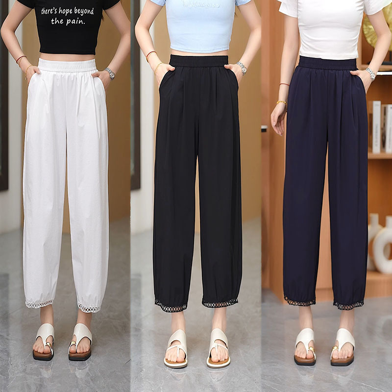 Ice Silk Wide-Leg Pants, Thin Ice-Feel Air Pants, Spring and Summer Women's Cropped Balloon Pants, Hollow Lace Trim Lantern Pants