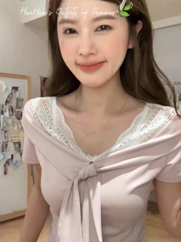 フェイクツーピースレーススプライシングVネック右肩半袖Tシャツレディース夏スリムフィットシック韓国風ショートトップ|undefined