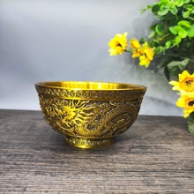 仿古铜八宝聚宝盆碗摆件铜合金二龙戏珠碗古玩杂项家居收藏工艺品