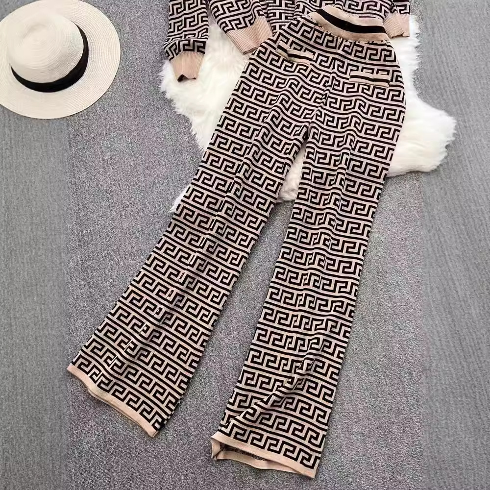 새로운 패션 세트 여성 라운드 넥 자카드 니트 카디건 조끼 3 피스 세트 높은 허리 슬리밍 스트레이트 바지