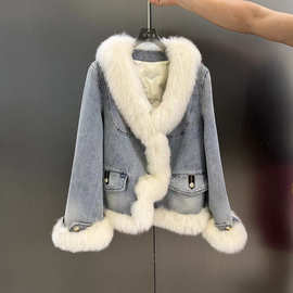 2024冬季新款牛仔狐狸毛鹅绒服皮草外套女短款保暖年轻新中式国风