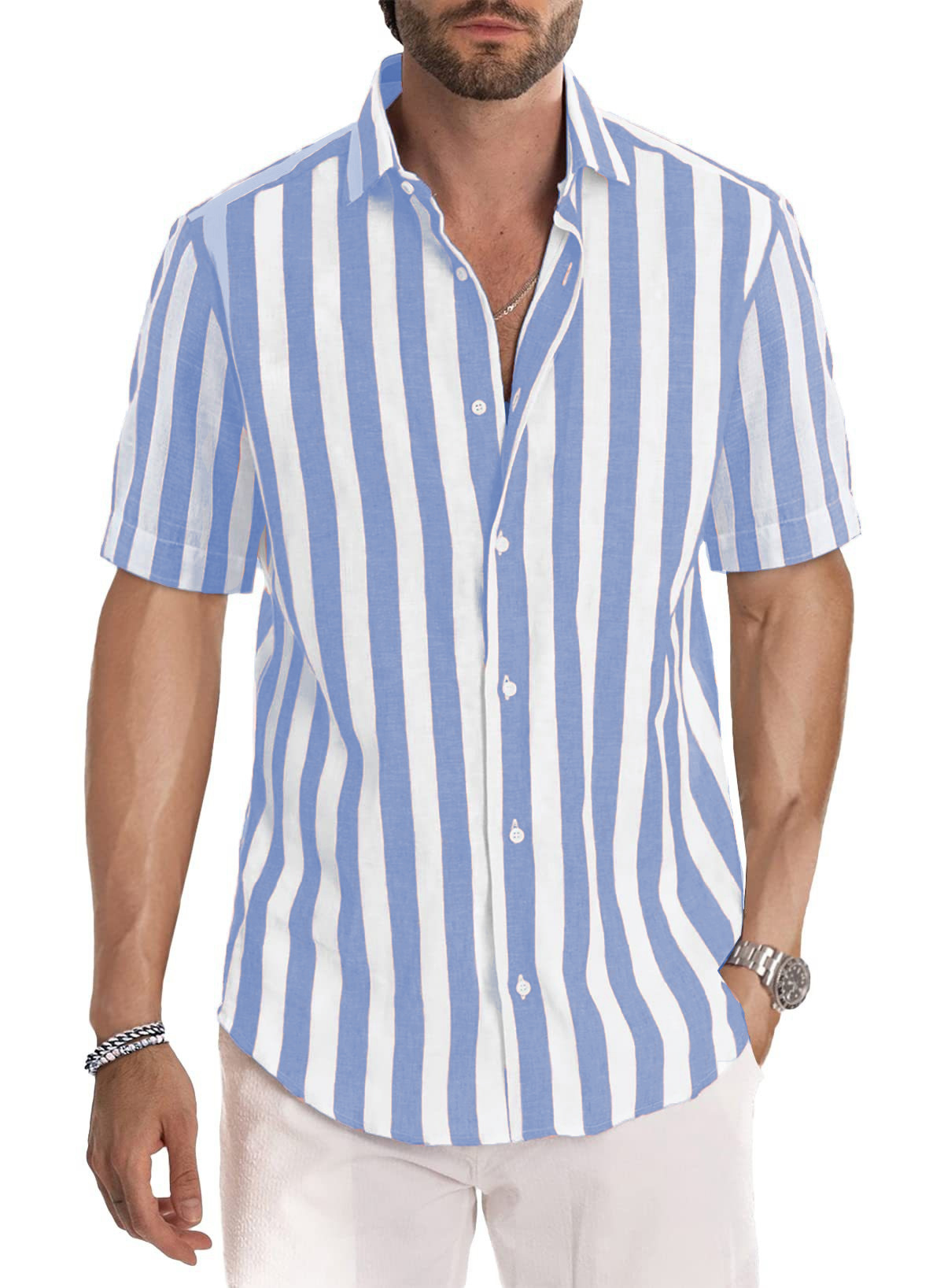 Herren Kurzarm Freizeithemd Im Streifendesign Für Den Sommer_voghion.com